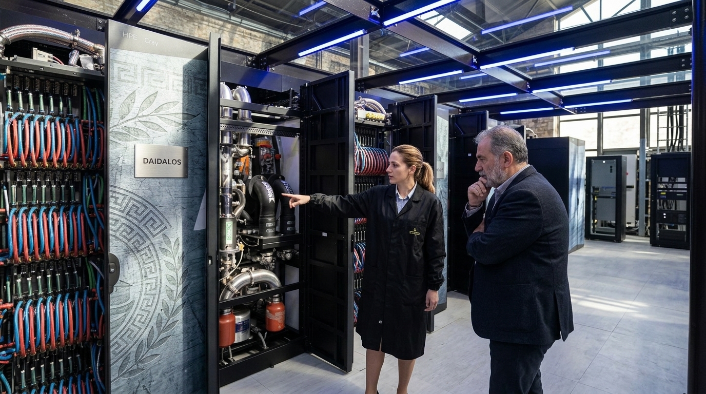 Interior view of the Daidalos supercomputer facility in Lavrio.