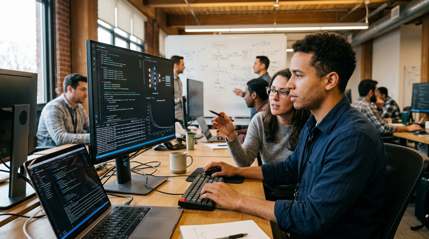 Corporate executives participating in an AI training program for digital transformation.