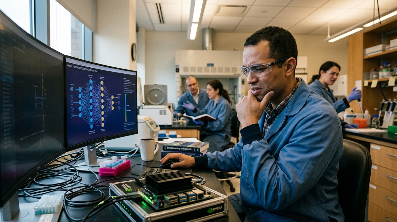 Scientist in a lab reviewing data on a screen, illustrating the growing role of AI science and trust.