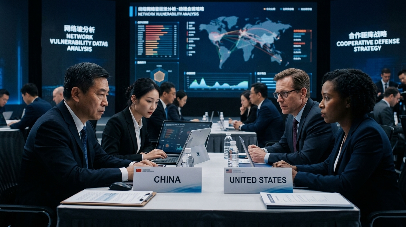 Digital illustration of AI agents breaching cybersecurity networks with US and China flags in the background.