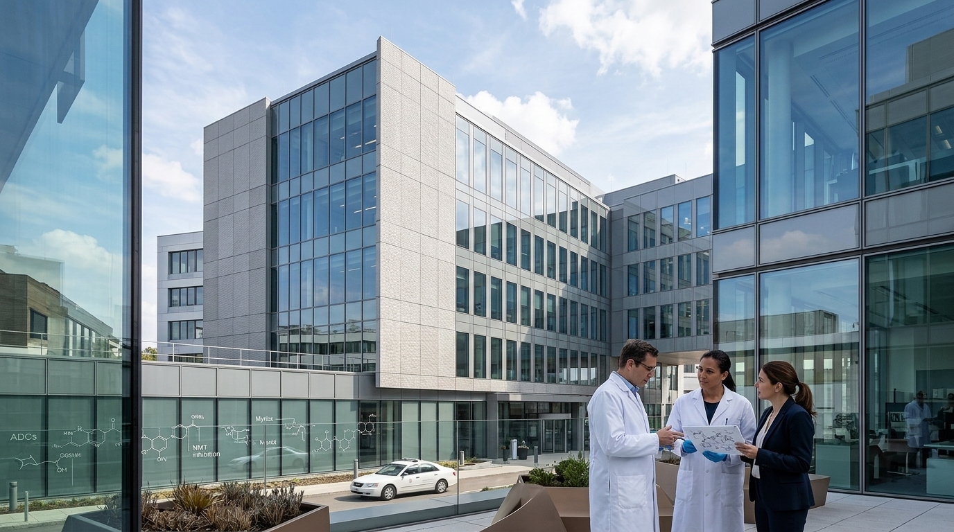 Novartis and Myricx Bio logos in a biotech lab setting for cancer-targeting ADC drug development.