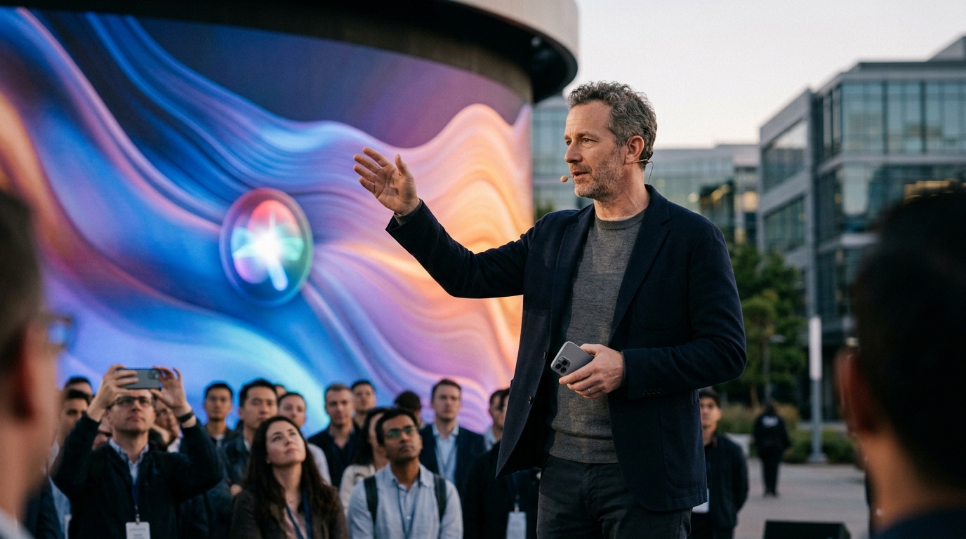 Το λογότυπο της Apple και η διεπαφή της Siri σε οθόνη iPhone με εφέ τεχνητής νοημοσύνης.