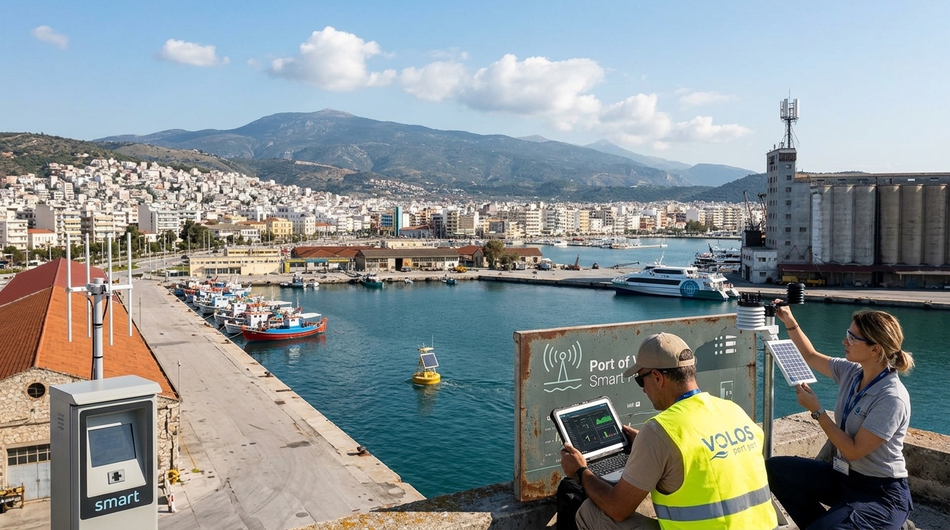 Ψηφιακή απεικόνιση του λιμανιού του Βόλου ως Smart Port με τεχνολογικές υποδομές.
