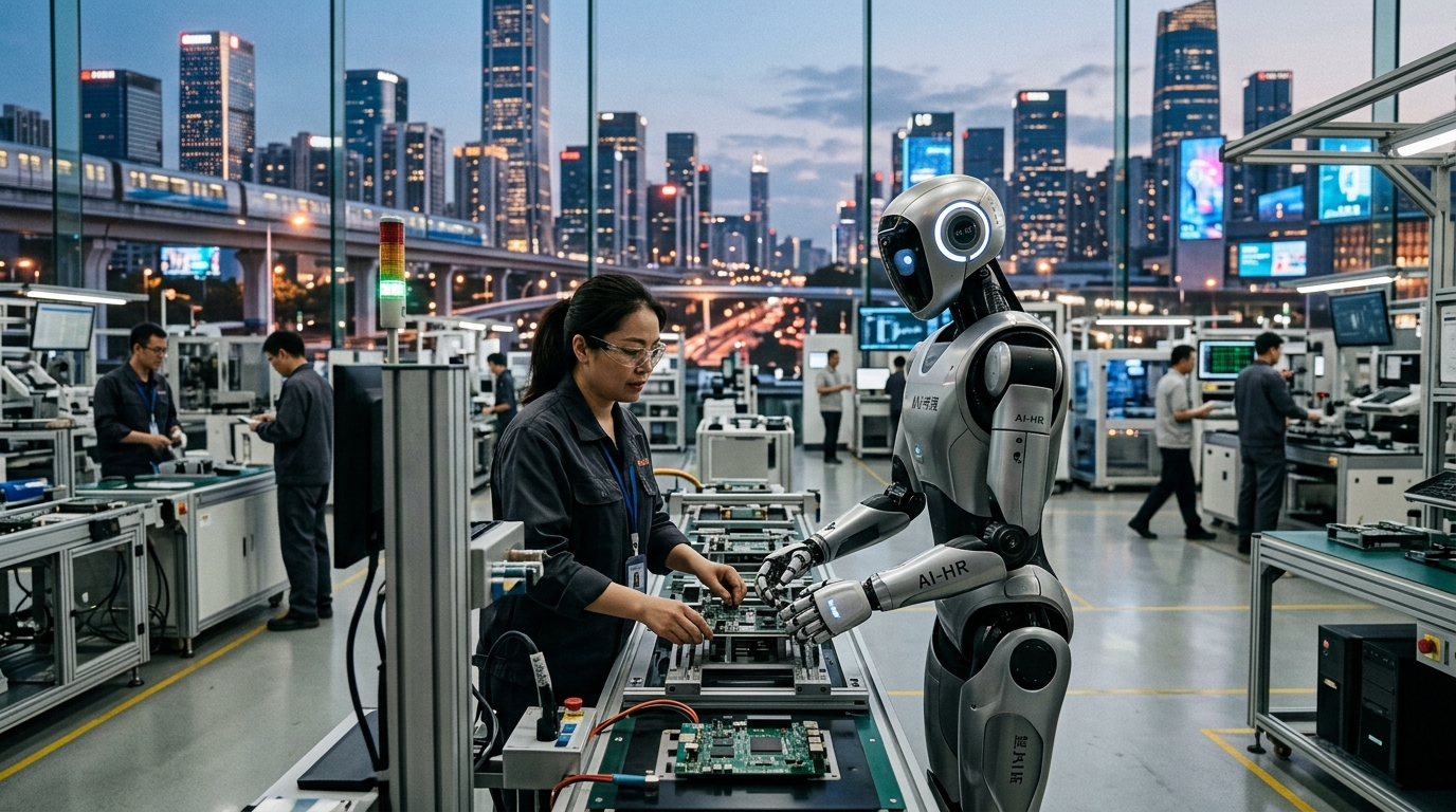 Chinese humanoid robot working on an AI-powered factory assembly line.