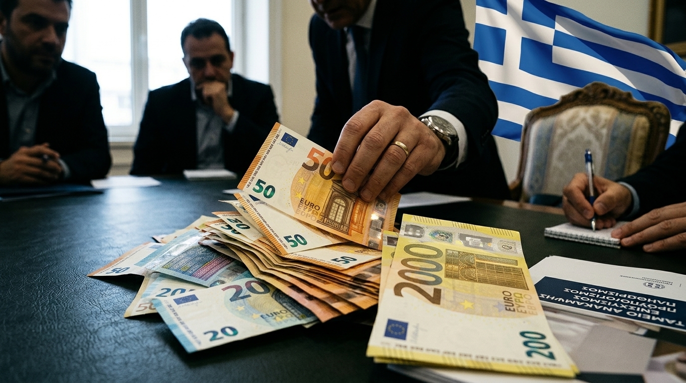 Infographic showing Greek economy trends and Recovery Fund milestones.