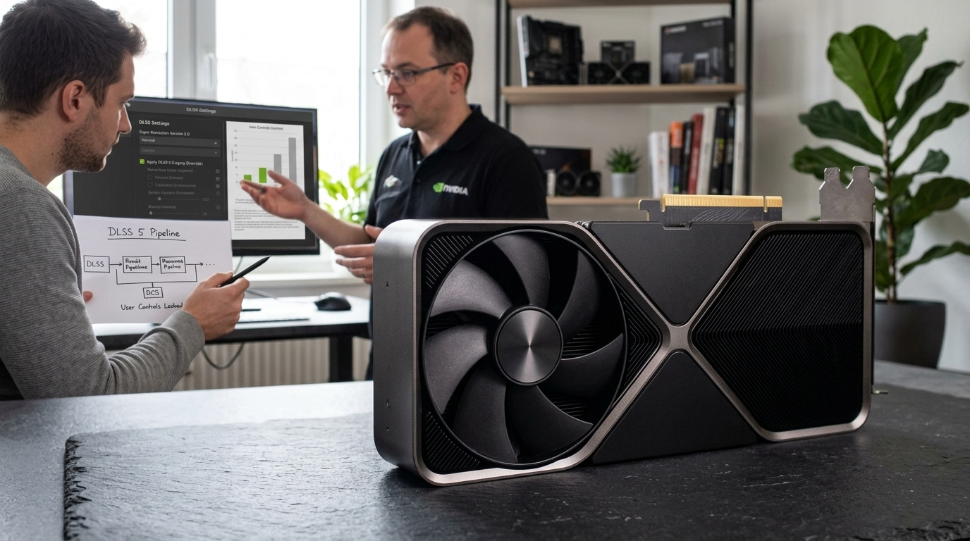 Κάρτα γραφικών Nvidia RTX 40 με το λογότυπο DLSS 5 και στοιχεία τεχνητής νοημοσύνης.