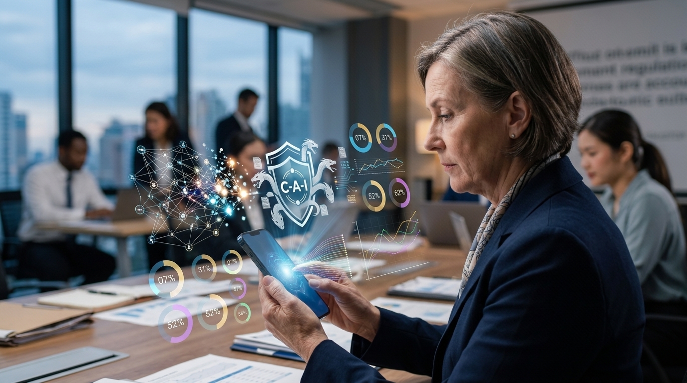 Digital visualization of Artificial Intelligence streamlining bureaucratic processes.