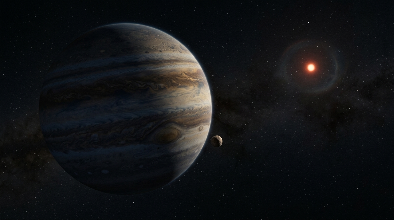 Artist impression of a gas giant planet orbiting a white dwarf star in deep space.