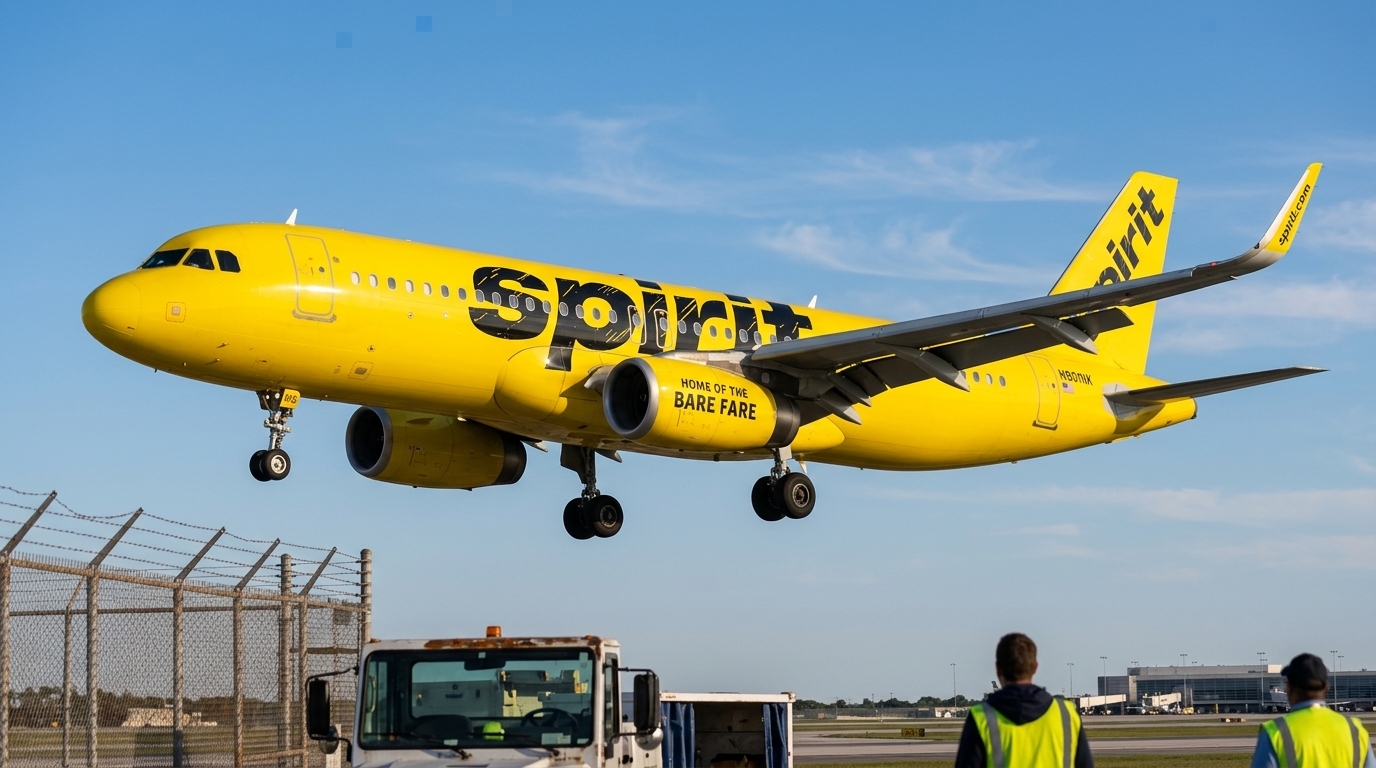 Αεροσκάφος της Spirit Airlines σε αεροδρόμιο κατά τη διάρκεια της ημέρας.
