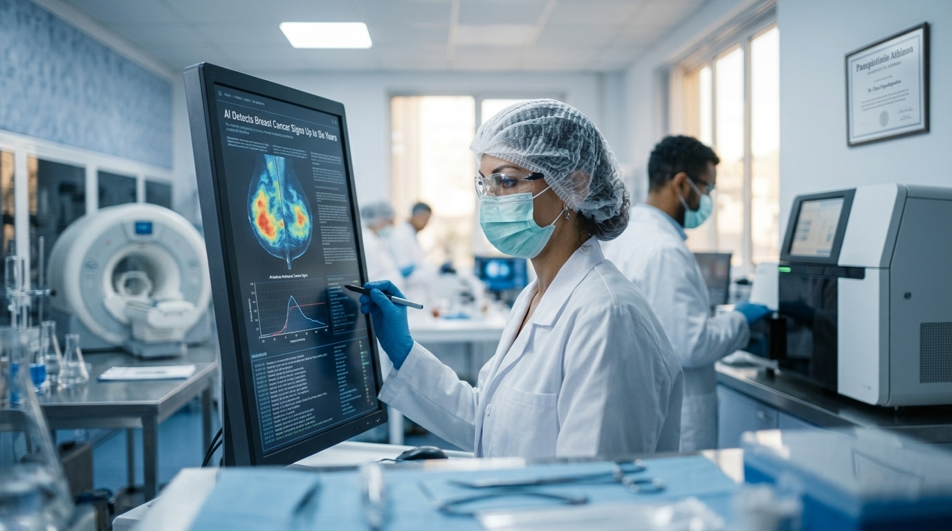 Digital mammography scan analyzed by artificial intelligence for early breast cancer detection.