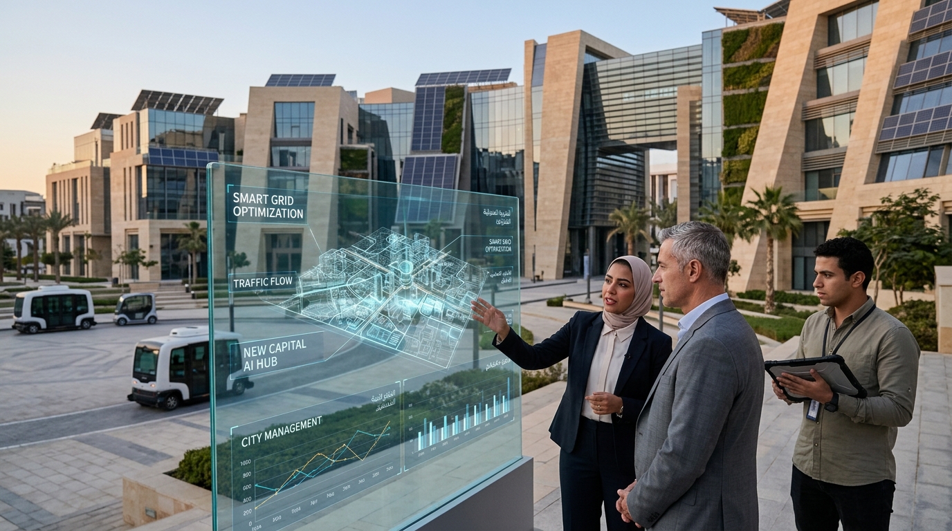 Futuristic skyline of Egypt's new administrative capital powered by artificial intelligence systems.