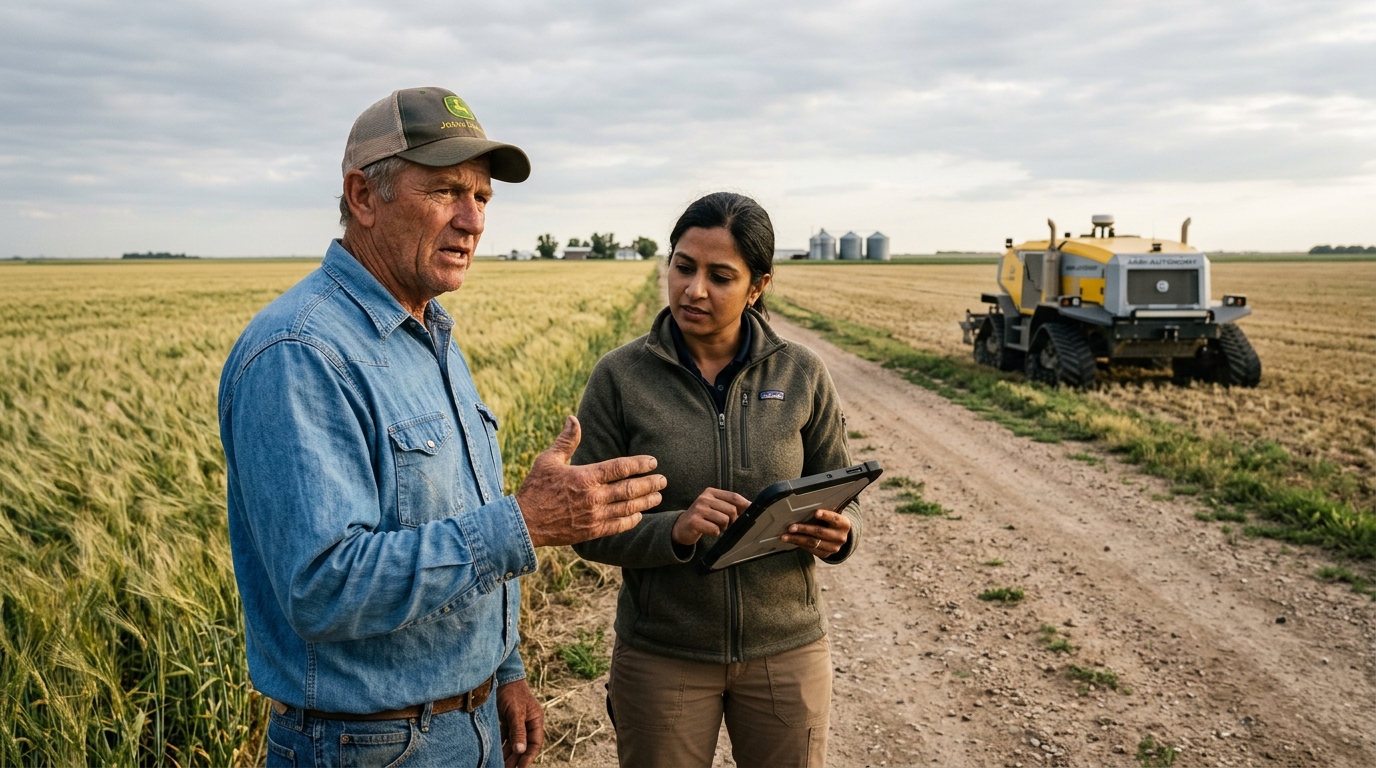 A farmer examining digital data regarding AI in agriculture in a field.