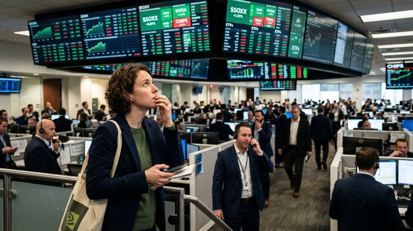 Γραφική απεικόνιση τσιπ μνήμης HBM και ETFs ημιαγωγών για επενδύσεις στην τεχνητή νοημοσύνη.