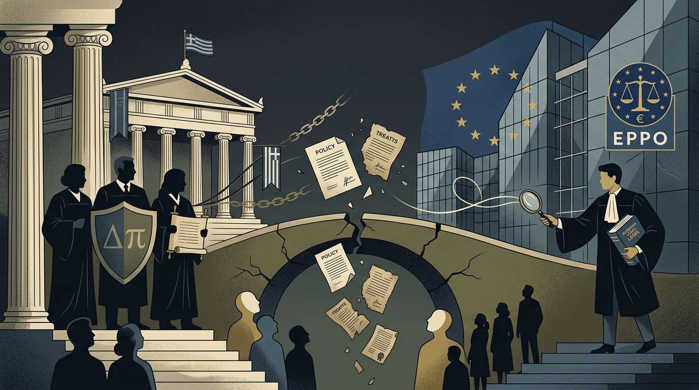 Το κτίριο του Αρείου Πάγου στην Αθήνα με το λογότυπο της Ευρωπαϊκής Εισαγγελίας.