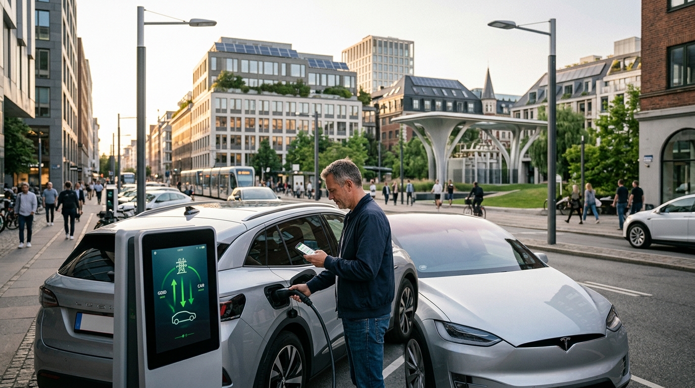 Electric vehicle connected to a bidirectional charging station for V2G energy transfer.