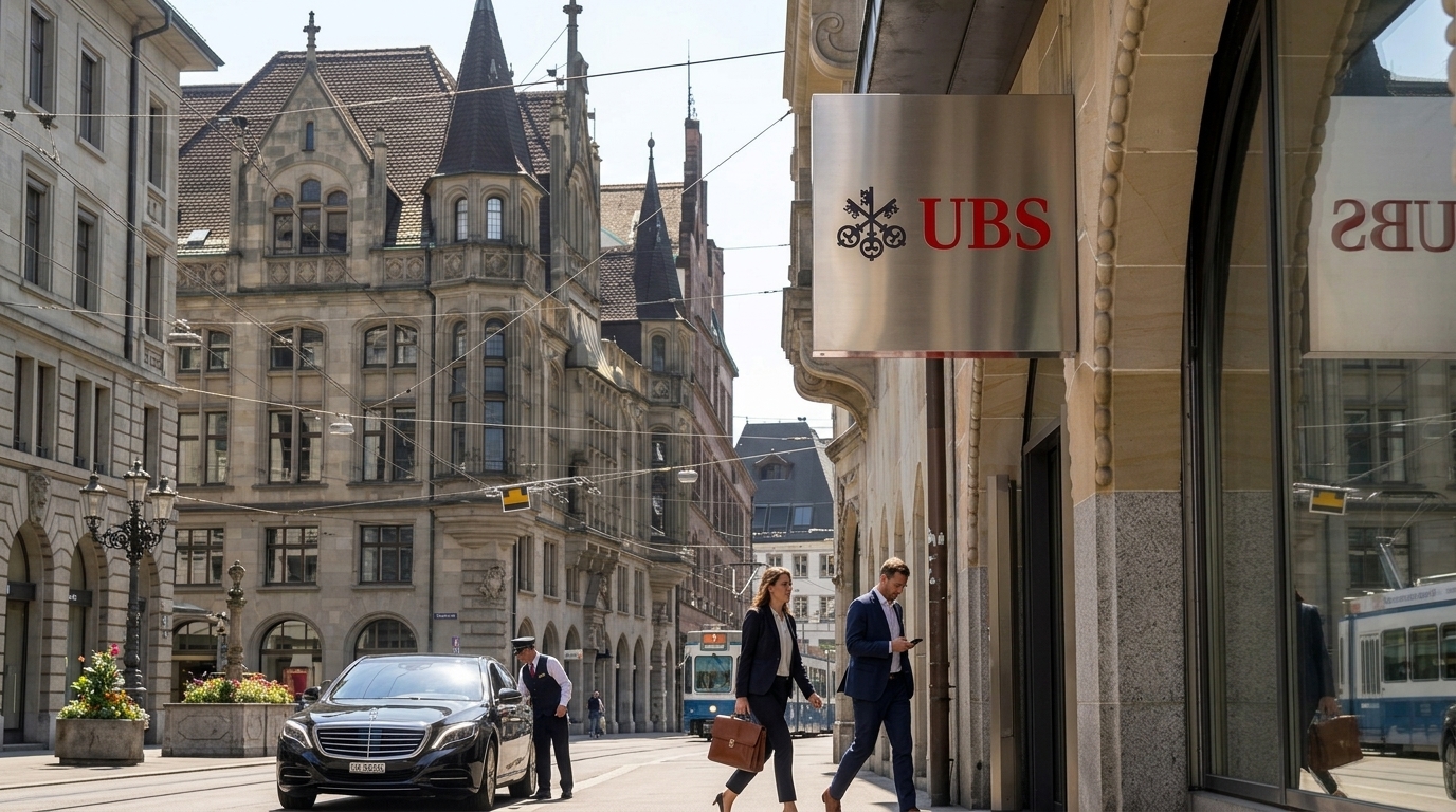 UBS bank logo on a modern building representing surging profits and wealth management dominance.