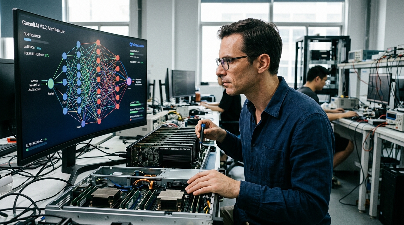 Digital visualization of artificial intelligence circuits and DeepSeek AI technology.