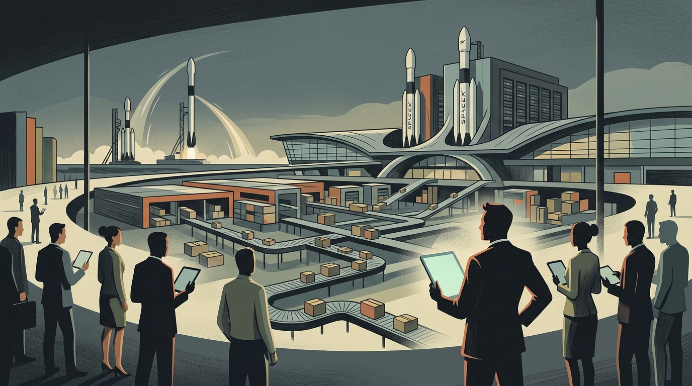 SpaceX Starship rocket with digital AI technology graphics.