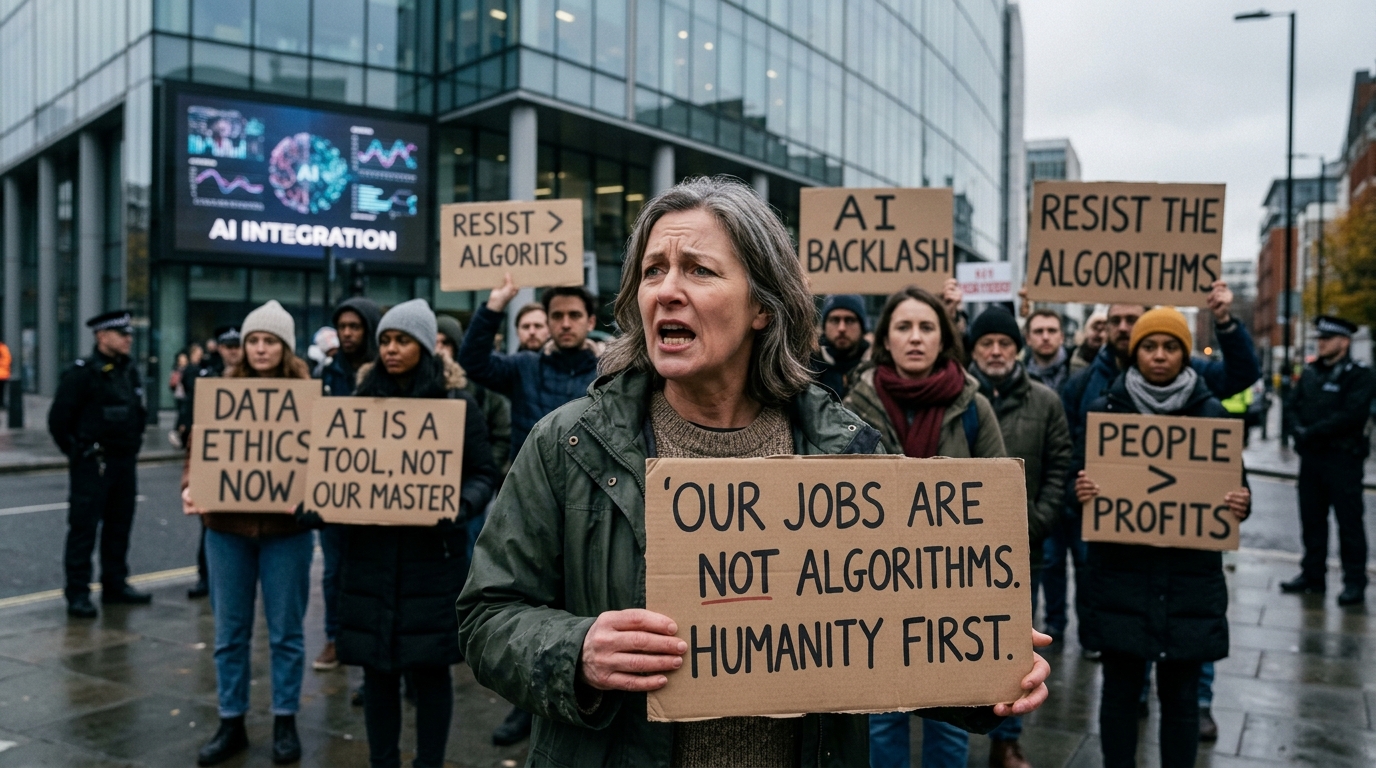 Illustration of social resistance against artificial intelligence in 2026