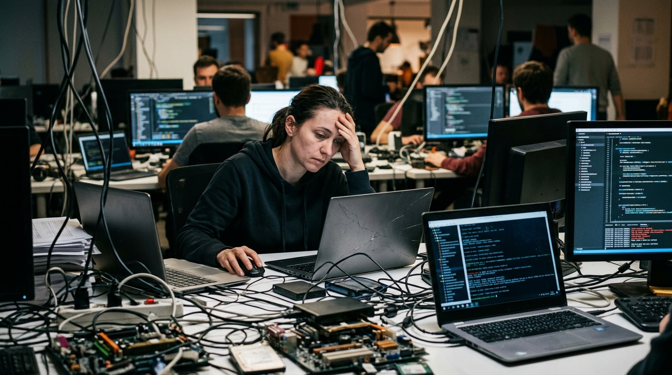 Digital code flooding a developer, representing the crisis of AI-generated debris in open source software.