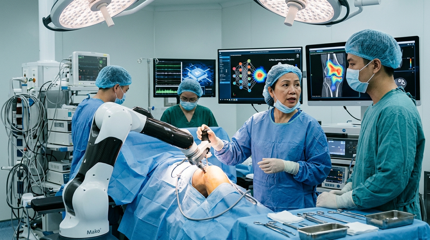 AI-powered robotic surgery system for joint replacement in a Vietnam medical center.