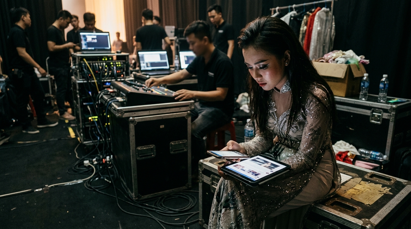 Performers on stage with digital AI overlays representing the Vietnamese music industry.