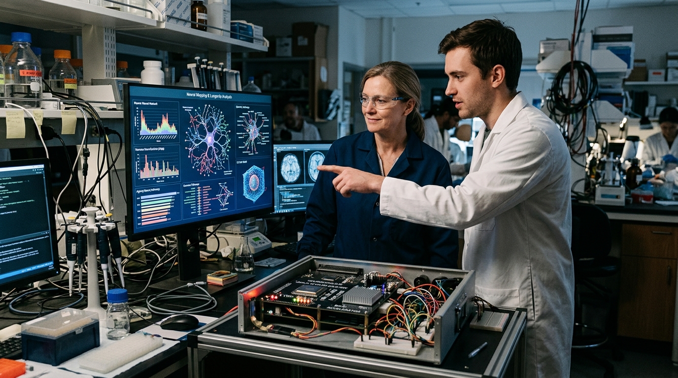 Researcher using AI for longevity analysis and biotech research in a high-tech laboratory.
