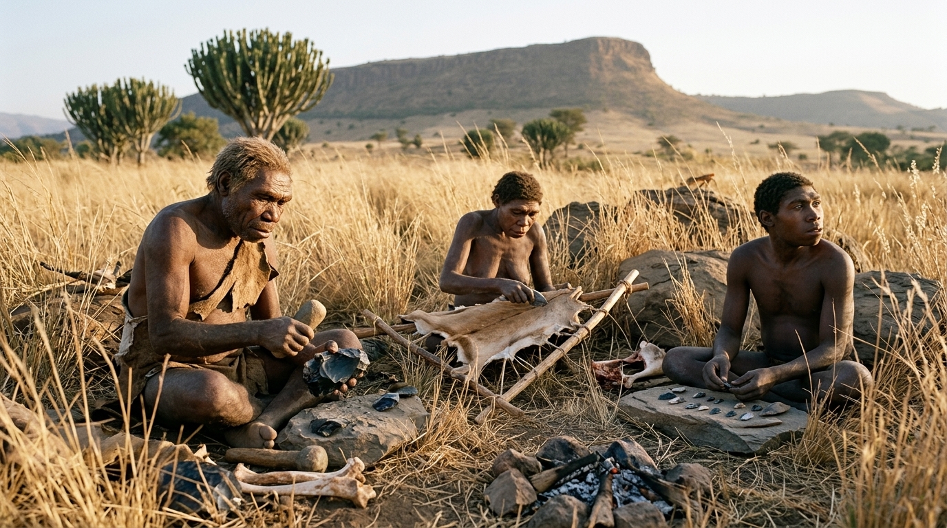 Illustration of ancient DNA research and human evolution lineages.