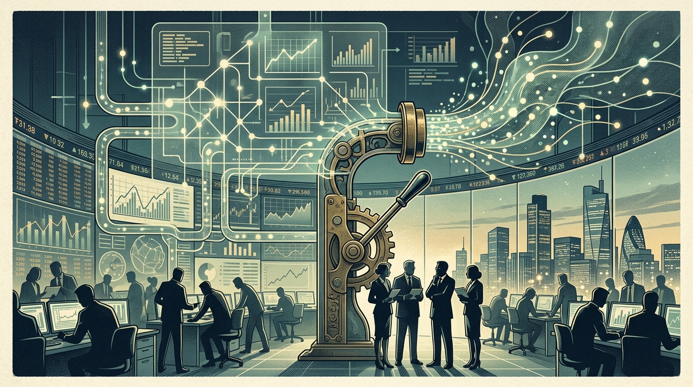 Digital visualization of AI agents on financial dashboards with central bank safety symbols.