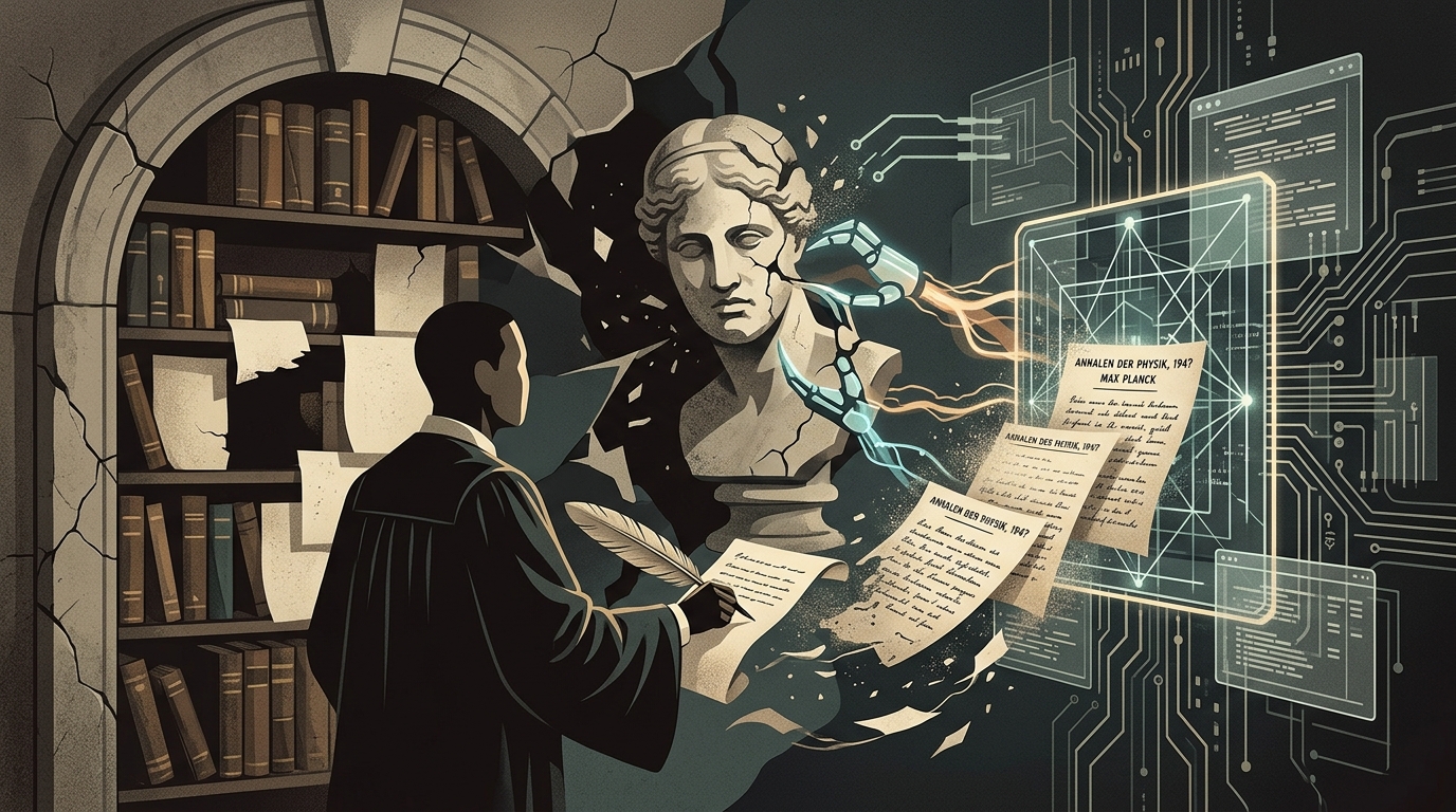 Portrait of Max Planck regarding the retraction of his 1940s scientific papers from digital archives.