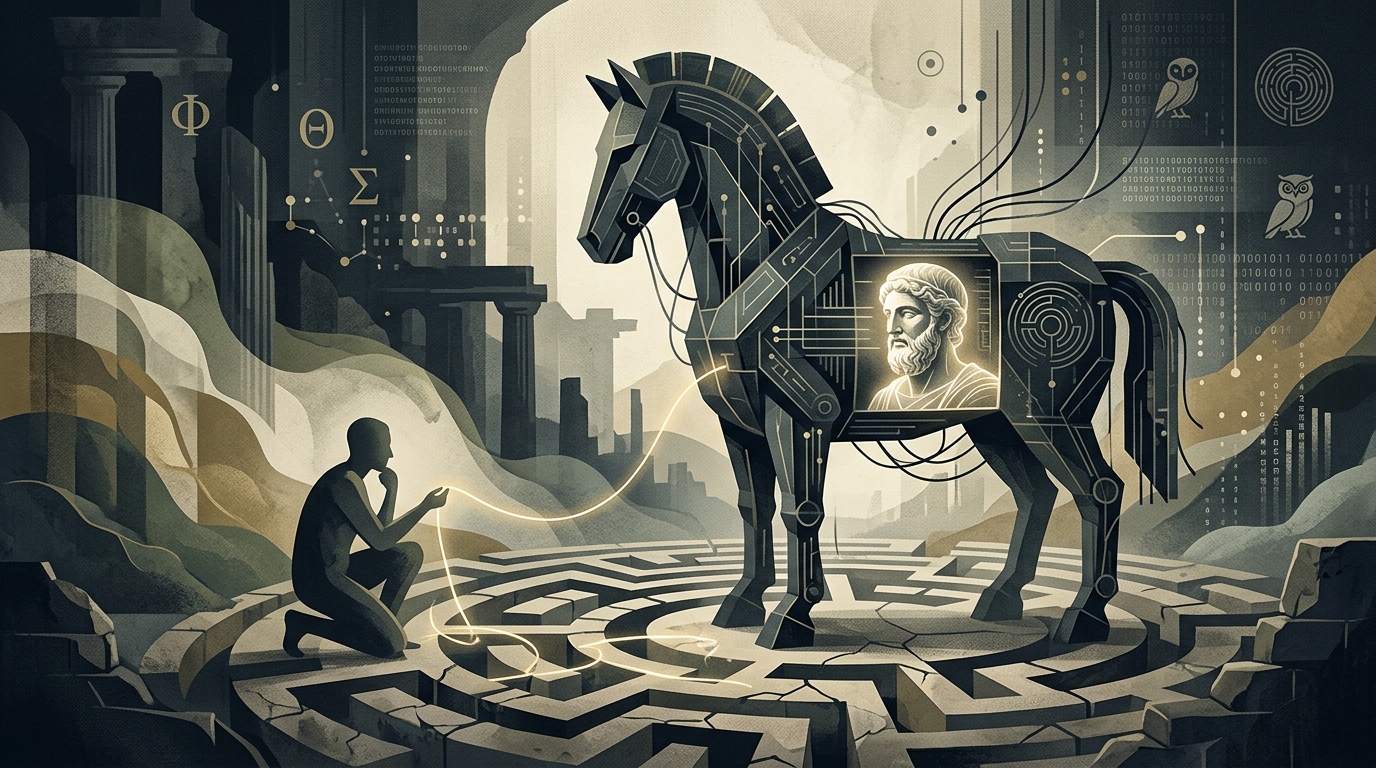 Digital Trojan Horse symbolizing AI ethics and the preservation of human wisdom.