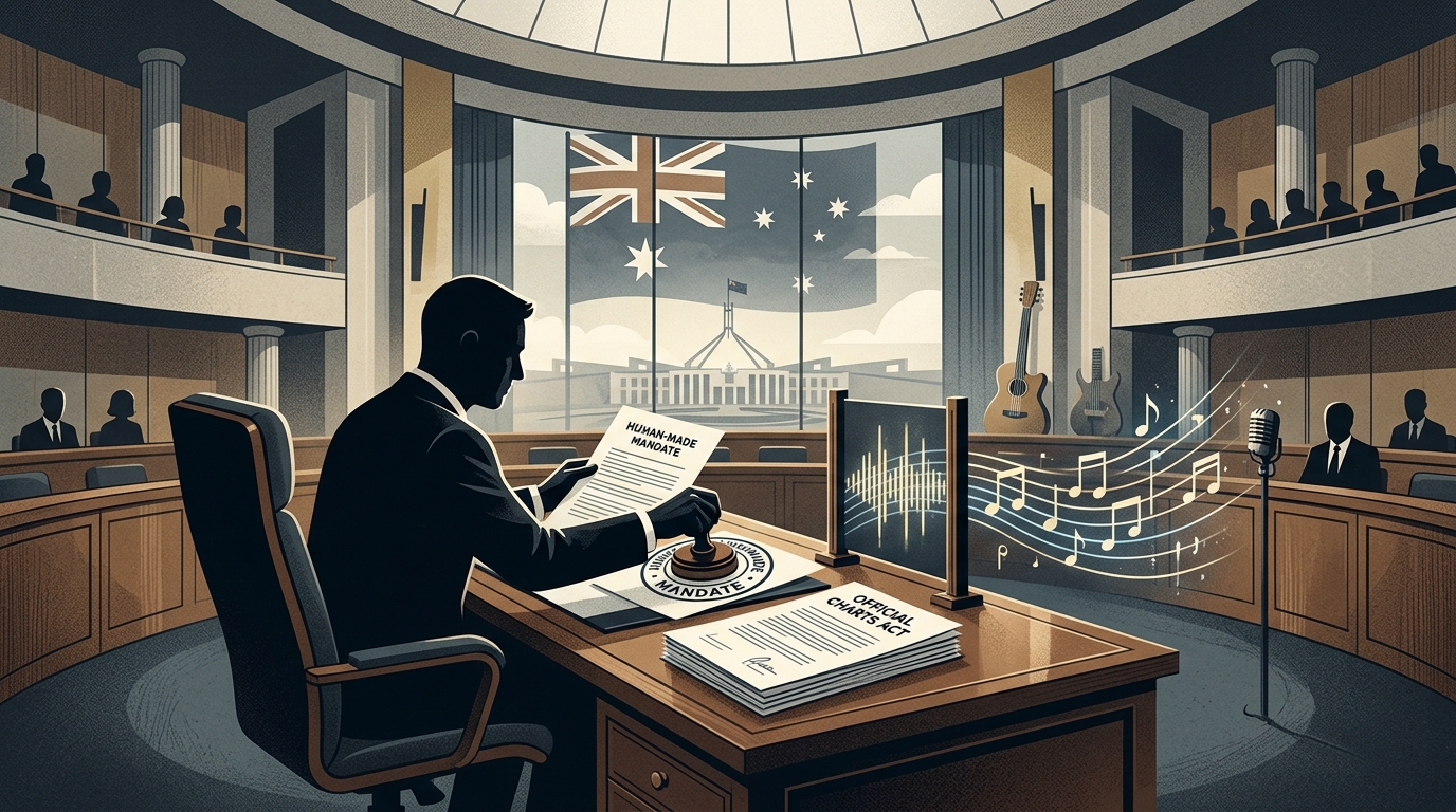 Digital visualization of music waves and AI-generated songs on Australian charts.