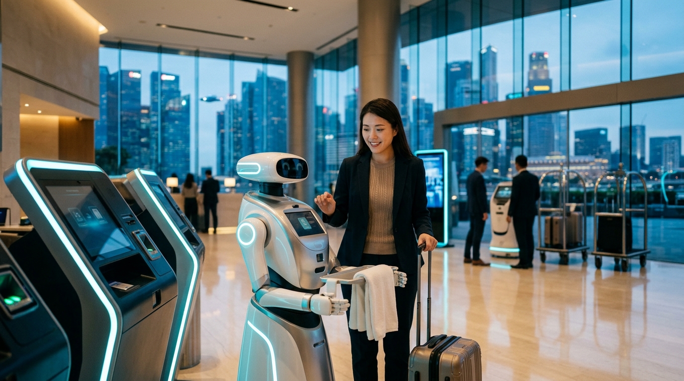 Robot receptionist assisting guests in a futuristic hotel lobby.