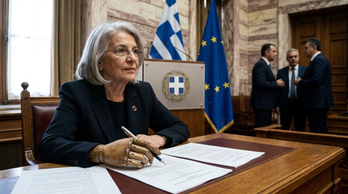 Το κτίριο της Βουλής των Ελλήνων με ψηφιακά γραφικά για το AI Act και την Τεχνητή Νοημοσύνη.