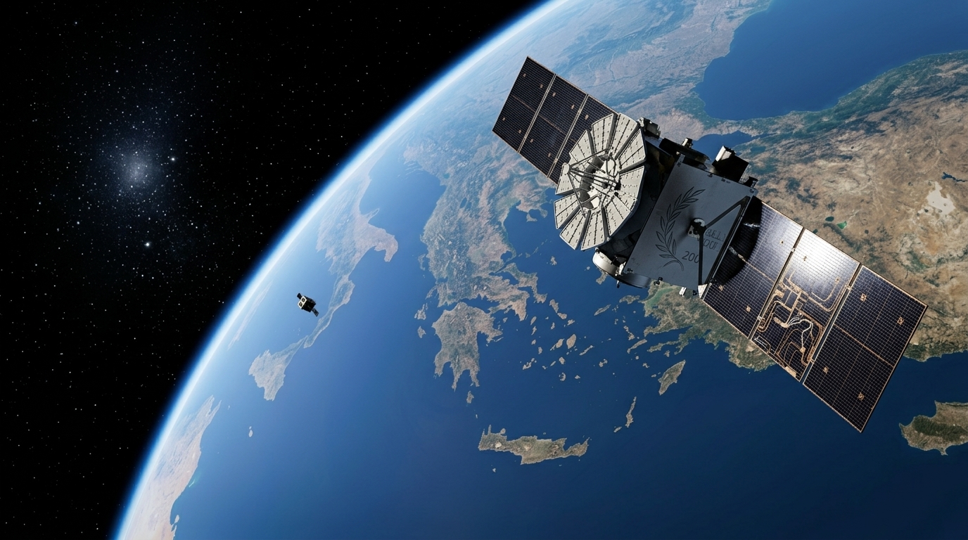 Illustration of a Greek microsatellite in orbit for national data collection and climate monitoring.