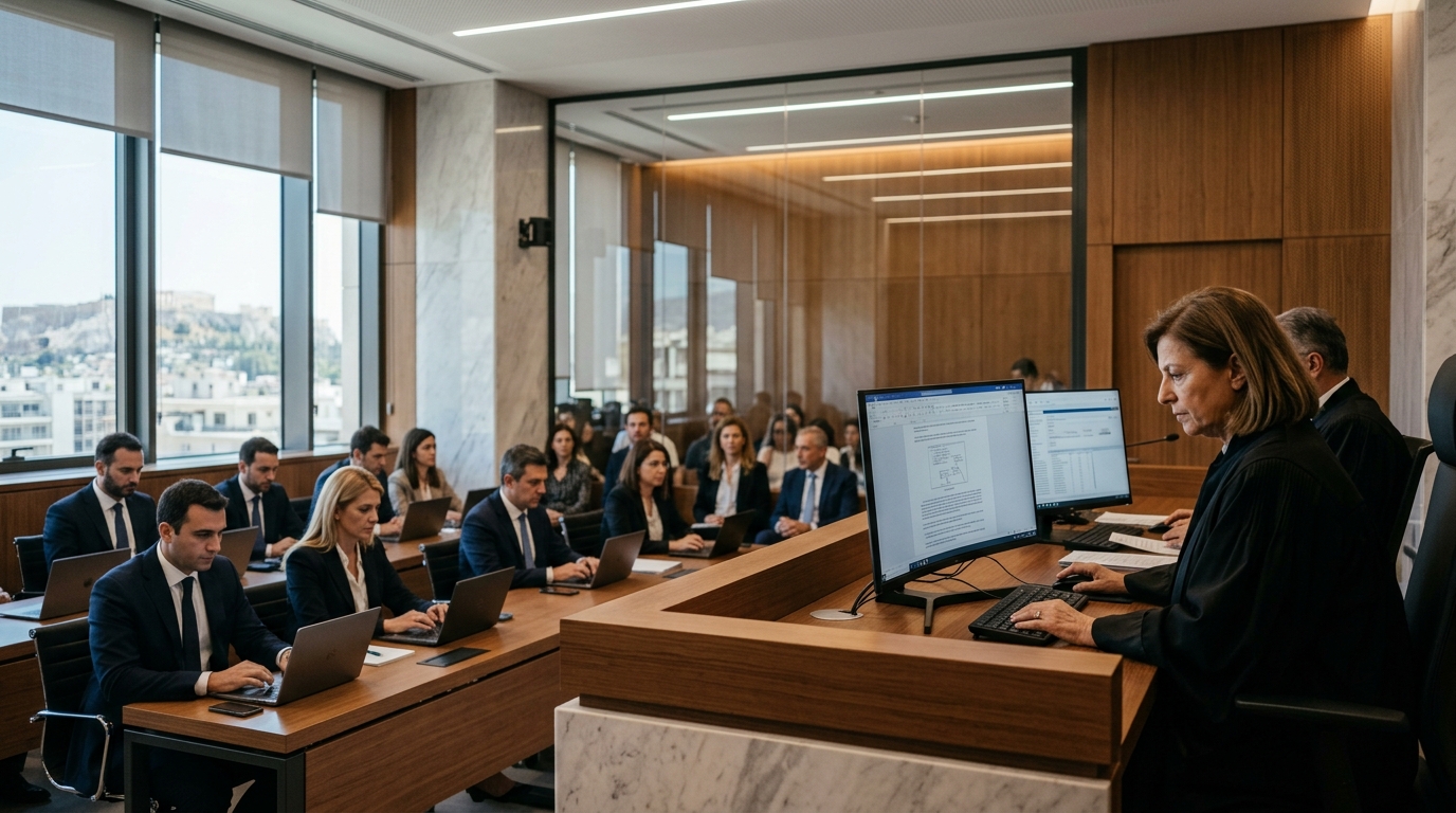 The Athens Court of Appeal building with digital overlays representing Artificial Intelligence in justice.