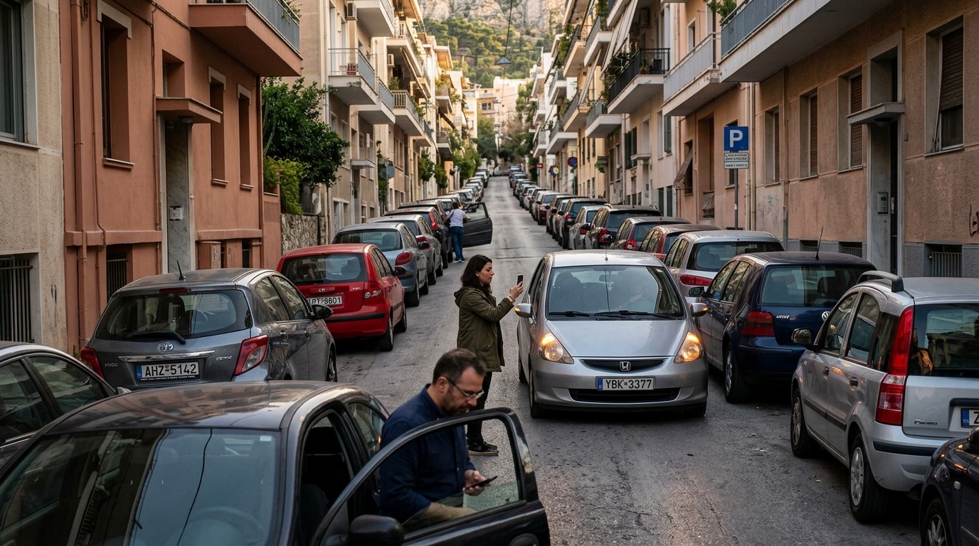 Smartphone displaying the Parkout app for parking in Athens city center.