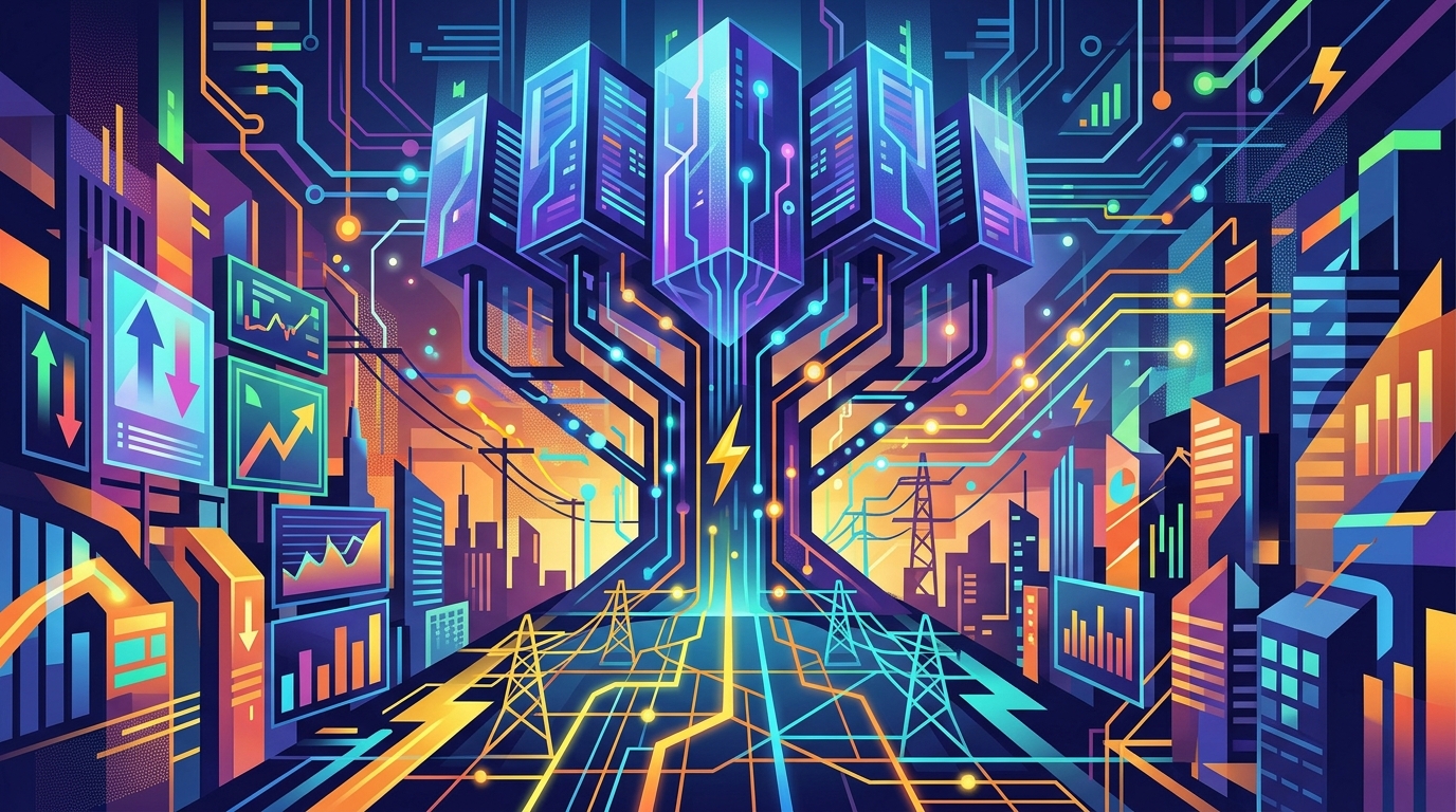 Digital illustration of massive AI data centers consuming electricity and influencing legal structures.