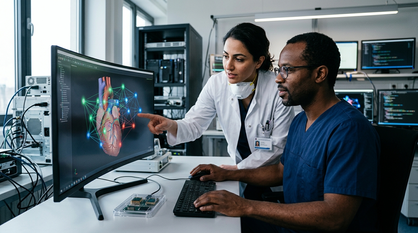 Digital heart visualization with AI algorithms for stroke prevention and cardiology research.