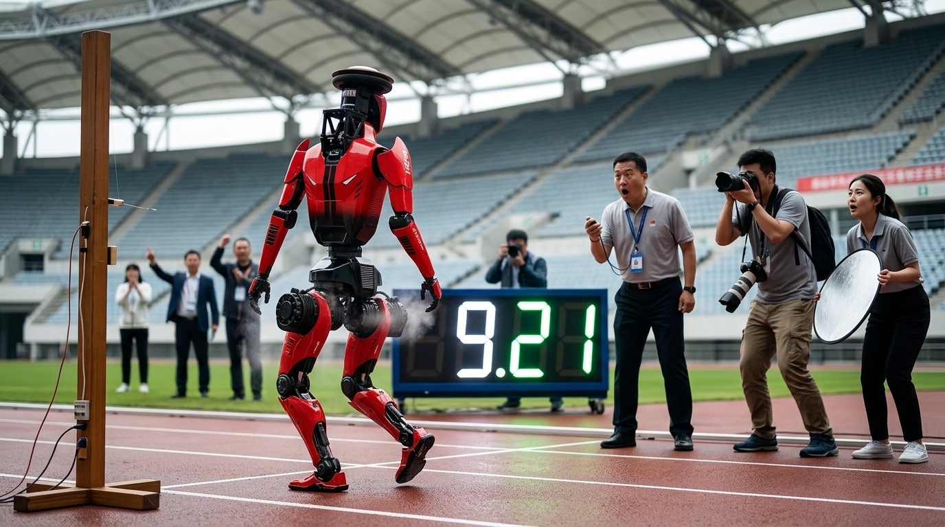 Chinese humanoid robot Lightning sprinting to break the 100m world record.