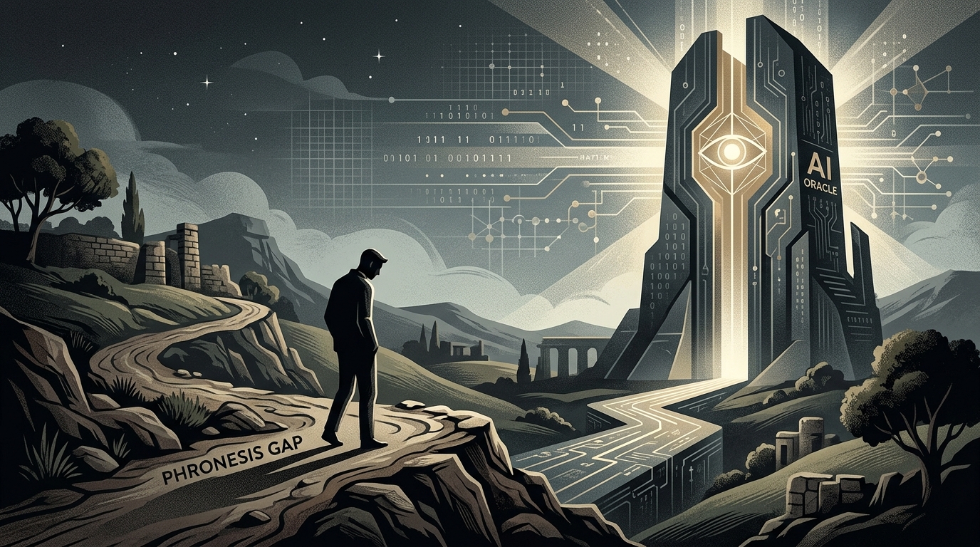 Symbolic illustration of a human resisting AI ethics and the digital oracle.