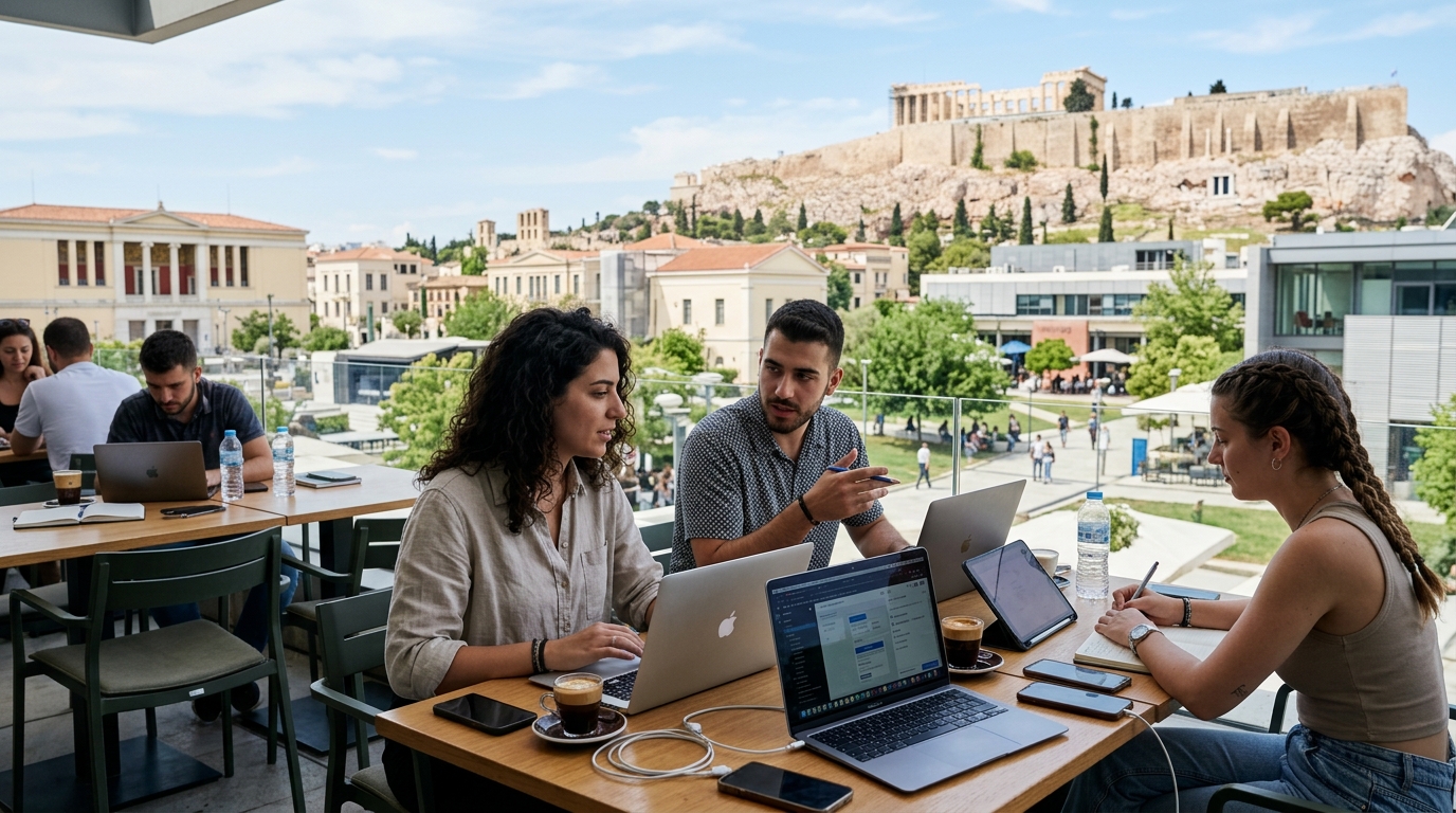 Young worker in Greece using AI tools for flexible work and side hustles.