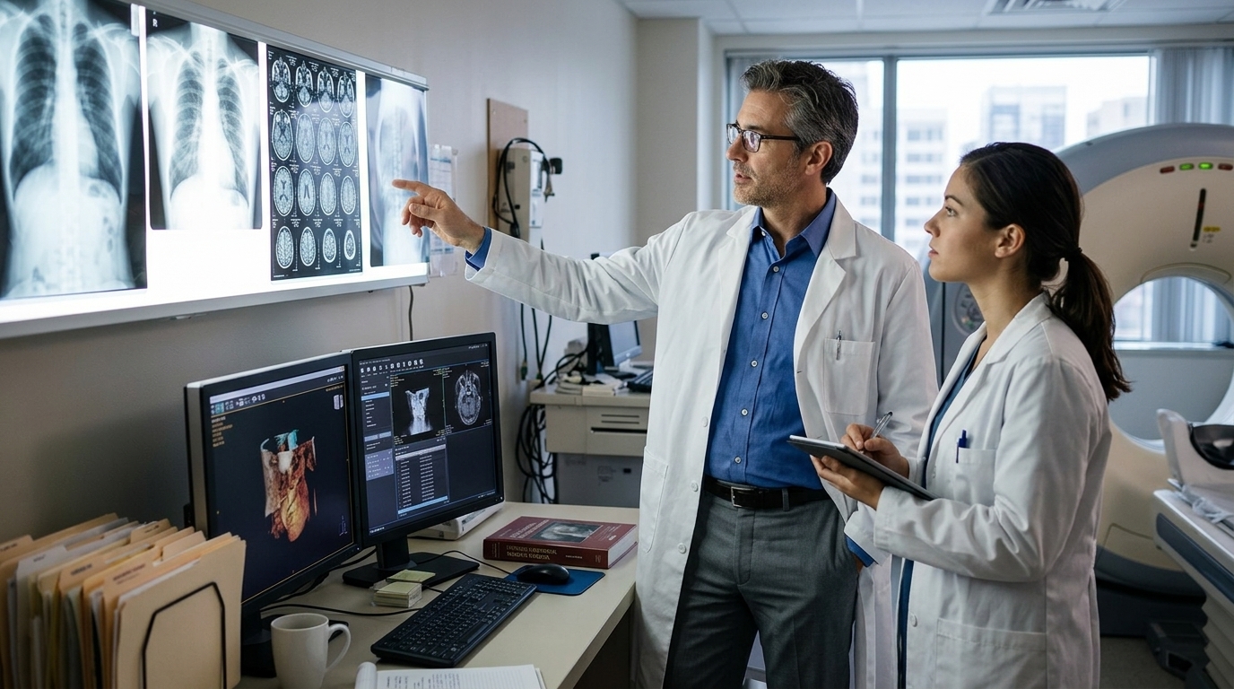 Radiologist analyzing medical scans with AI assistance in a modern hospital.