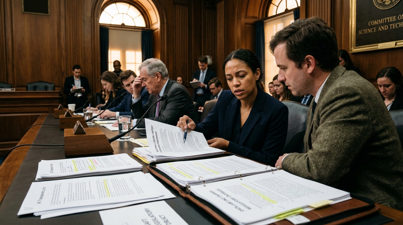 Digital representation of AI content labeling and transparency legislation.