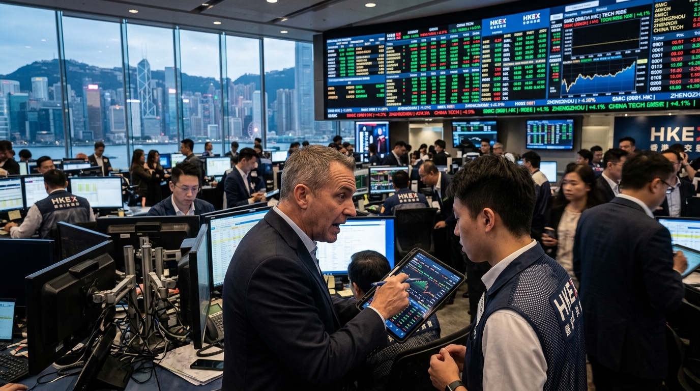 Stock market charts of SMIC and Zhipu AI representing China tech growth in Hong Kong.