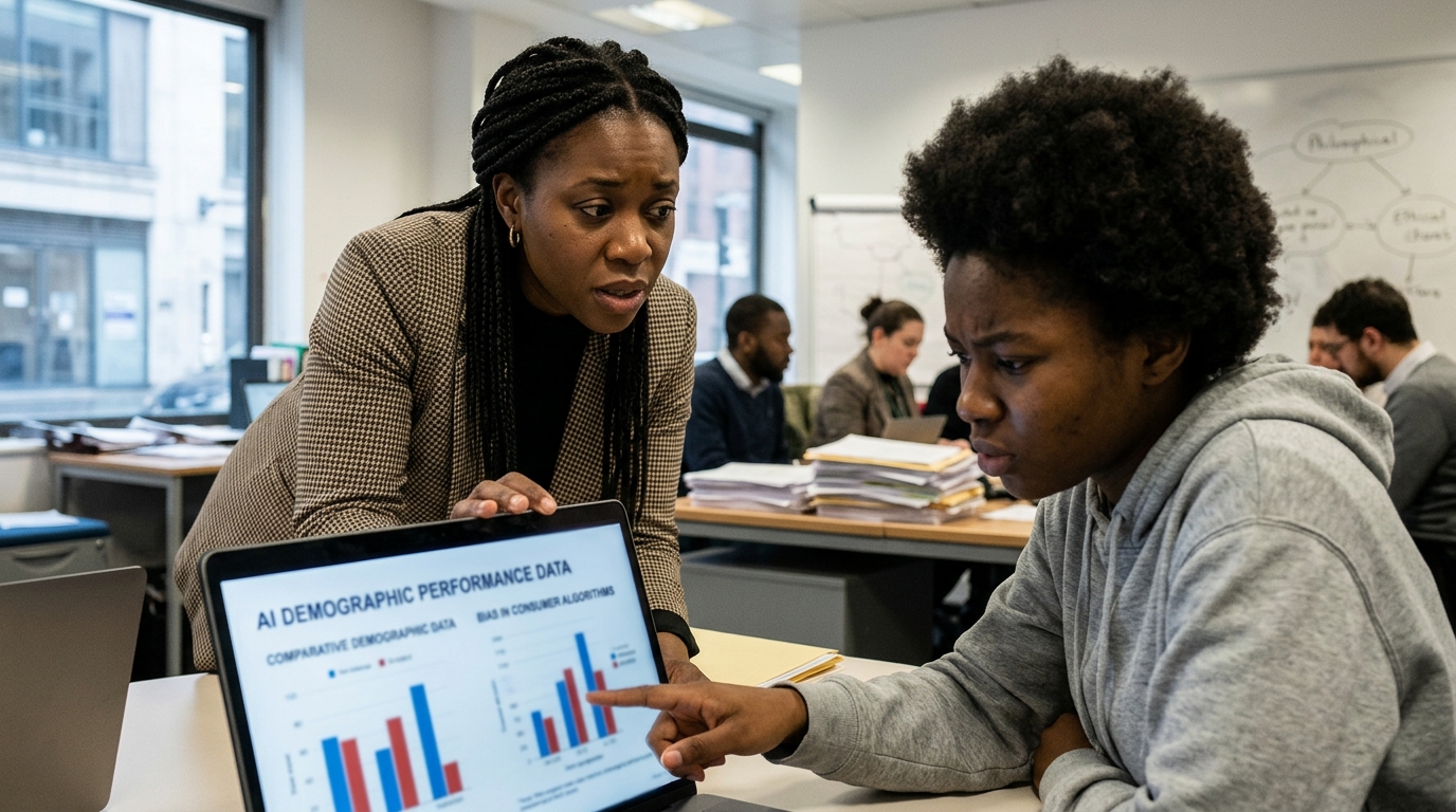 Digital representation of AI racial bias and its impact on consumer protection algorithms.