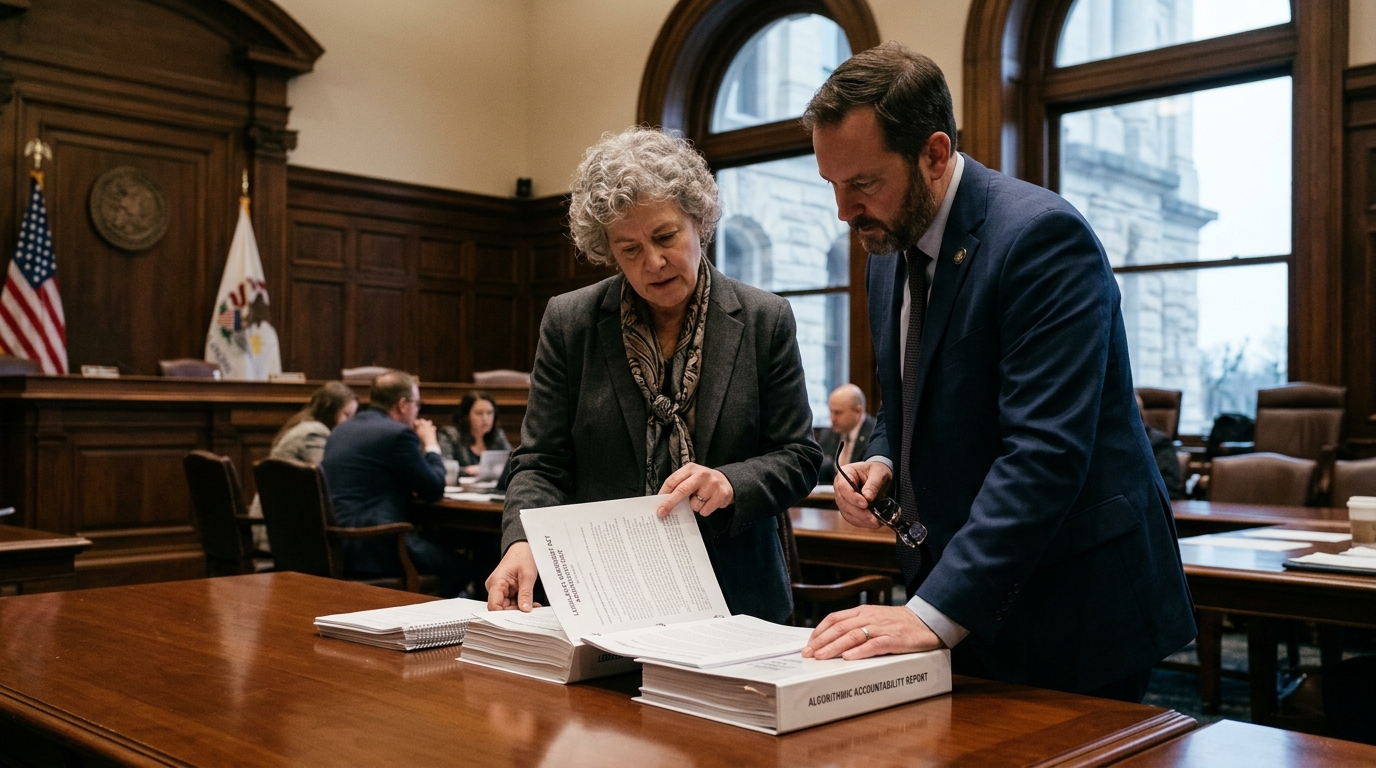 Justice scales and digital circuits representing Illinois AI legislation.