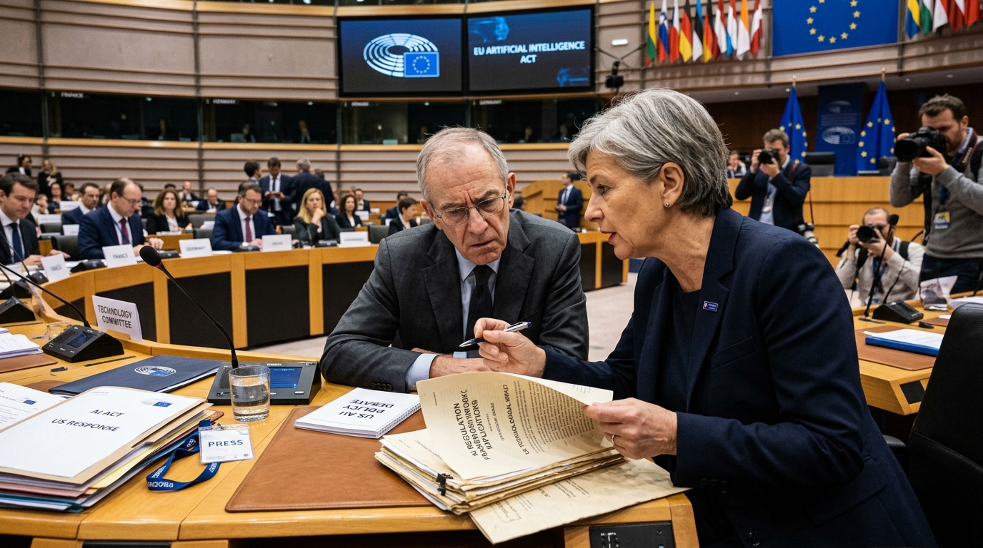 Graphic featuring the EU flag and Artificial Intelligence circuits.