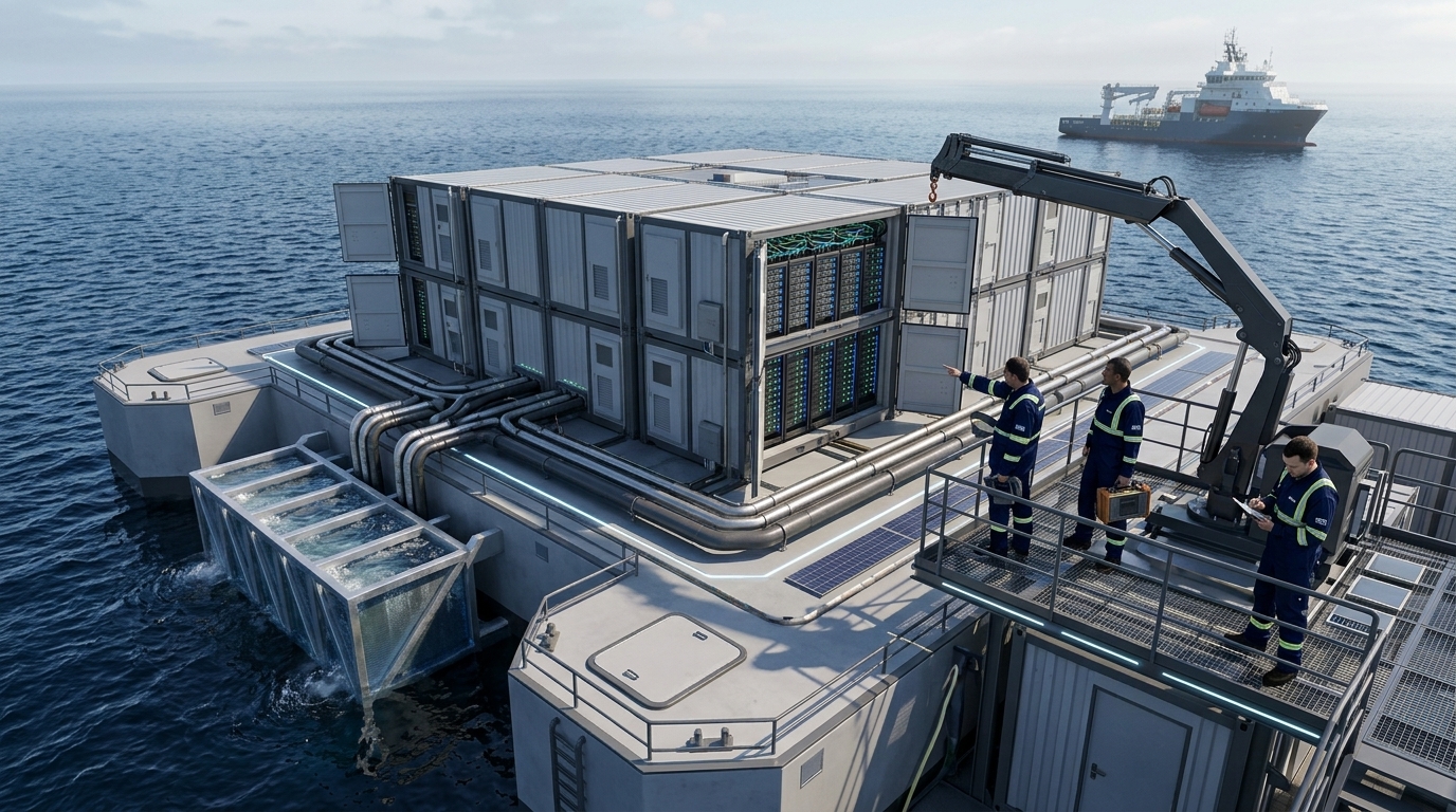 A futuristic floating data center vessel on the ocean, representing the intersection of AI and shipping.