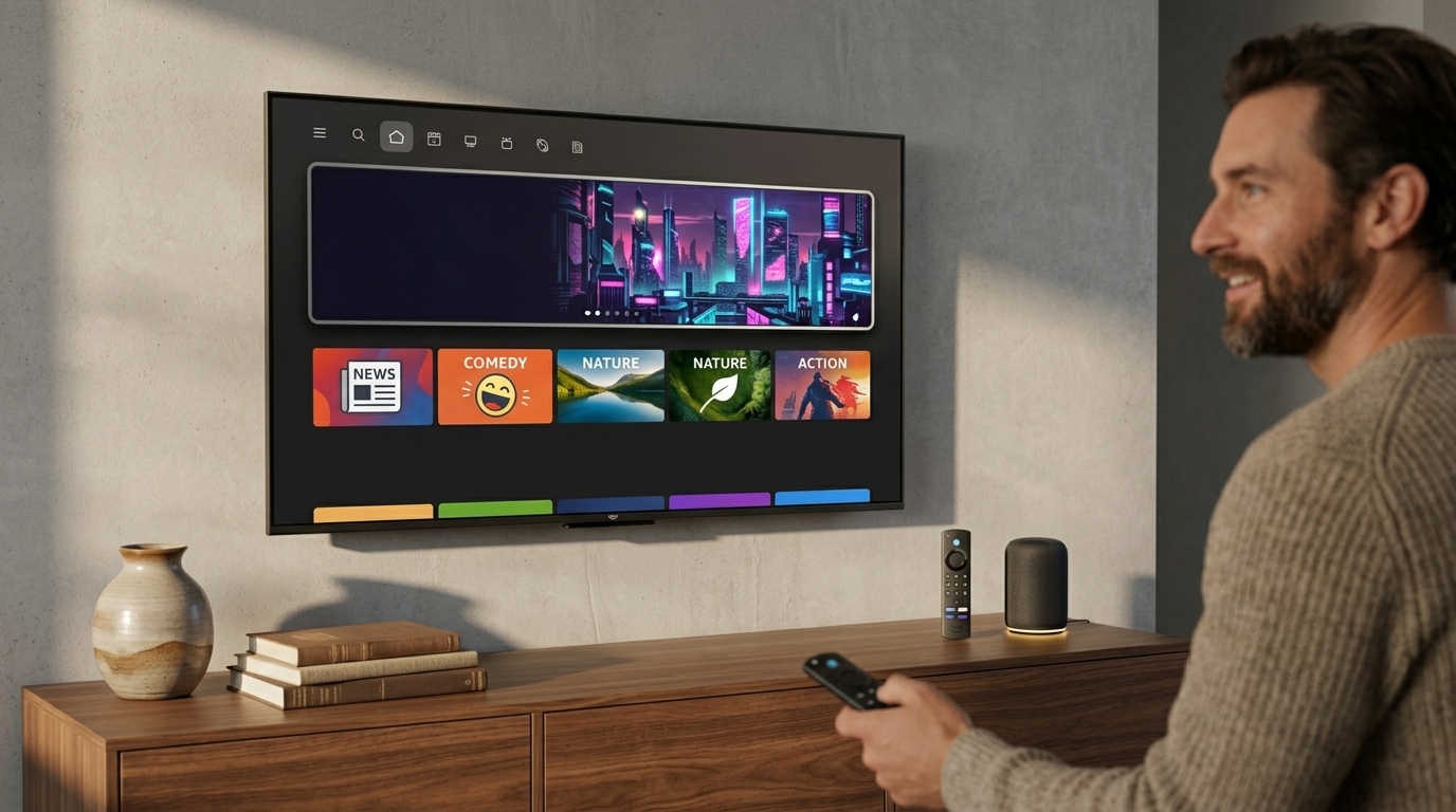 Amazon Fire TV remote and interface showing Alexa Plus AI features.